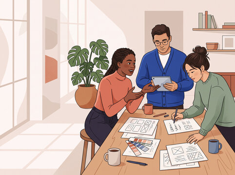 Creative team of designers collaborating on project wireframes and discussing ideas at modern office table