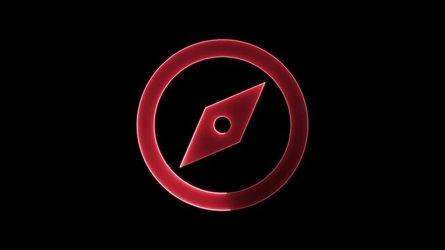 Red glowing compass symbol magnifying and spinning on black background in dynamic technological motion graphics clip.