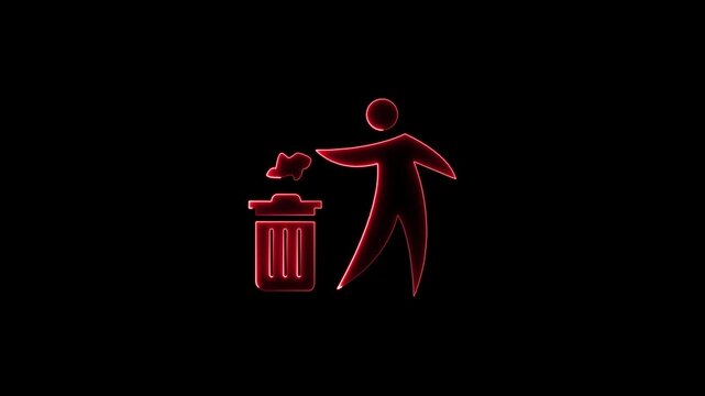 Red neon trash bin icon with trash and human sign zooming in and out on black background making a beautiful dynamic clip.