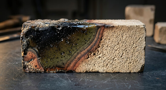 Cross section macro of an industrial blast furnace refractory ceramic brick displaying vitrified molten slag penetration bands and thermal color gradients