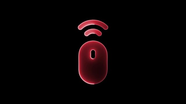 Wireless computer mouse icon glowing red with signal waves on black background presenting digital technology peripherals.