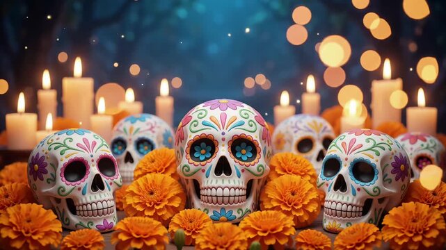 Day of the Dead Sugar Skulls and Marigold Flowers in Candlelight, Loop 3D Animation Motion Graphic
