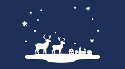 Minimalist christmas vector illustration featuring white silhouettes of reindeer standing in a snowy landscape under a starry night sky © MstFatema