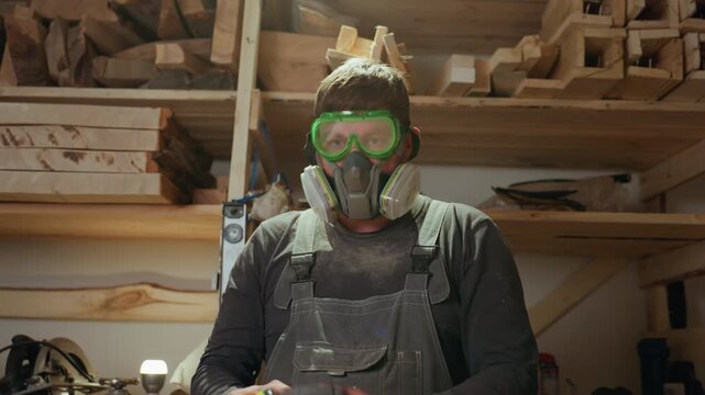 Carpenter prepares for woodworking by putting on green safety goggles over his respirator mask then adjusts yellow earmuffs in workshop filled with wood and tools