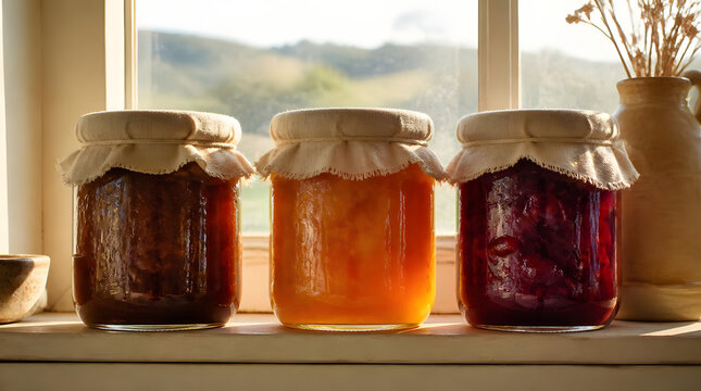 Preserves jars on windowsill natural light cozy interior jam jelly food culinary