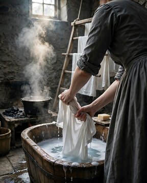 Woman wringing white fabric over wooden tub filled with soapy water inside rustic washroom.