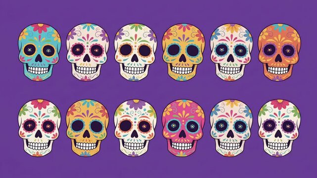 Colorful Sugar Skulls Pattern on Purple Backdrop, Dia de los Muertos Animation Loop
