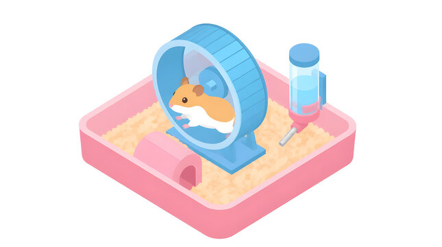 Hamster running inside blue wheel within pink enclosure filled bedding material indoor setting pet care animal habitat