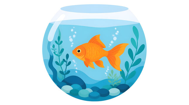 Goldfish Swimming in Round Bowl Filled Blue Water Vector Illustration