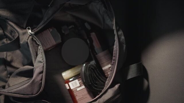 Close up view of black duffel bag containing various hair care products and tools including bottles with labels likely shampoo conditioner spray bottle brush comb. scene is dimly lit