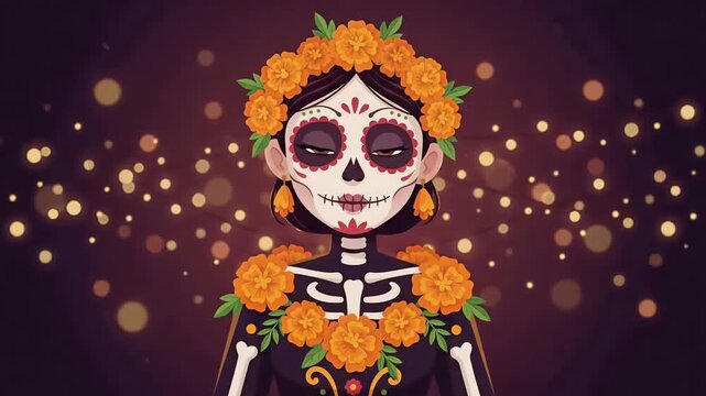 Catrina Skeleton Woman with Marigolds in Night Bokeh, Dia de los Muertos Animation Loop
