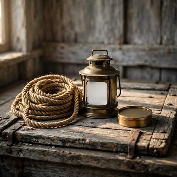 Antique brass lantern and coiled hemp rope sitting on weathered wooden maritime chest top.