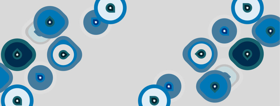 Blue evil eyes pattern. Circles, shapes, protection symbols repeat across light gray background. Minimalist design, flat illustration.