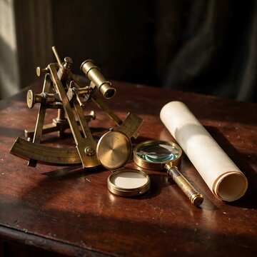 Brass navigational sextant with magnifying glass and parchment scroll on wooden table top.