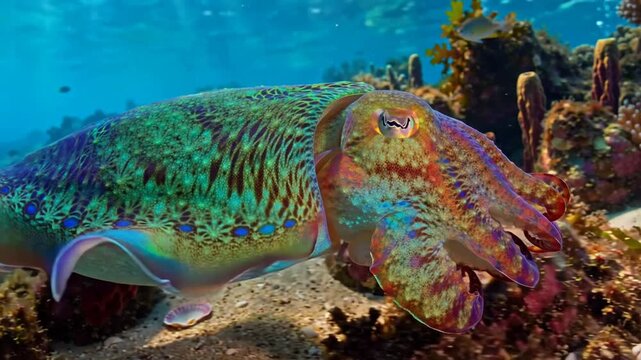 Broadclub cuttlefish rippling color waves across skin over sandy seabed, underwater macro, 4K