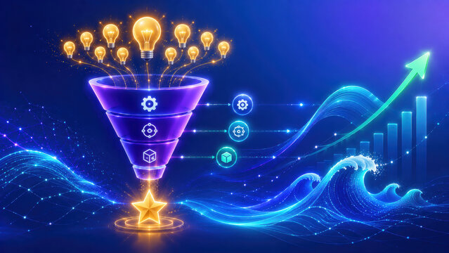 Funnel of light bulbs and chart presenting market trends strategic decisions and clear business performance