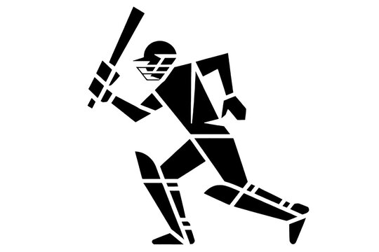 Dynamic black and white vector silhouette of a cricket batsman in full protective gear running urgently across the pitch with a bat.
