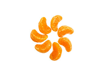 Peeled mandarin orange segments arranged in a circular flower shape on a transparent background. © Mukta