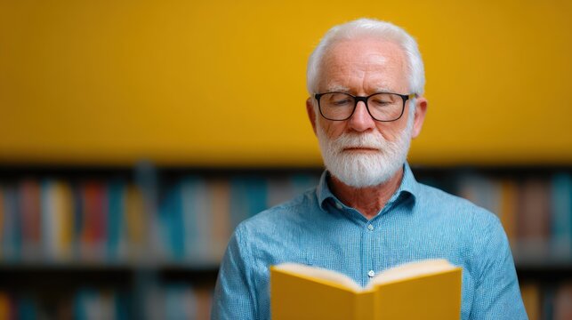 Senior man with white beard and glasses reading yellow book in library representing lifelong learning and intellectual curiosity in retirement