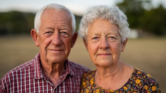 Portrait of elderly couple standing together outdoors in natural light representing companionship and long-term love in their golden years