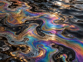 Fototapeta premium Iridescent oil slick floating on dark water surface with colorful