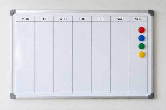 Blank weekly whiteboard planner with four colored magnets