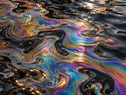 Iridescent oil slick floating on dark water surface with colorful