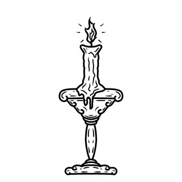 Vintage Candle in Ornate Candlestick Burning - Hand Drawn Line Art Illustration