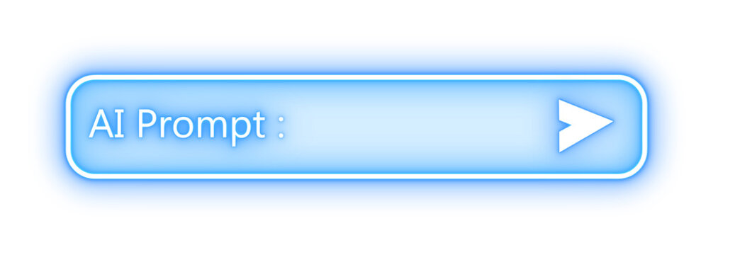 Glowing blue rounded button with white AI Prompt text and a right arrow icon, isolated on transparent background, Neon glowing AI prompt button with arrow