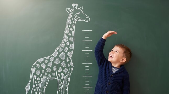 Happy Little Boy Measuring Height Next to Chalk Drawn Giraffe on Green Chalkboard Background for Pediatric Health Growth Milestone Educational Poster