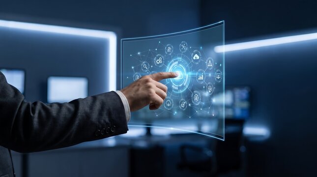 Businessman pressing interactive futuristic cloud computing touch screen interface