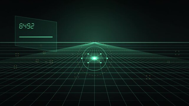 Digital grid landscape with glowing numbers and circular target