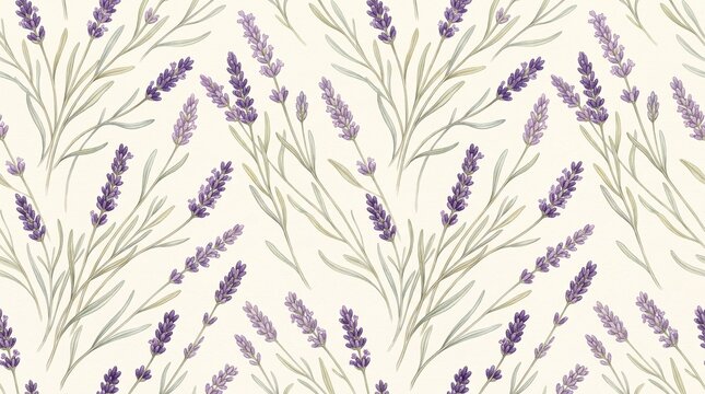 Soft seamless lavender pattern with purple flower spikes and delicate green foliage on a warm cream background, ideal for fabric, stationery and wellness designs.