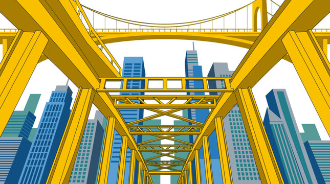 Low-angle vector illustration of a yellow steel suspension bridge structure with a stylized modern city skyline and blue skyscrapers in the background on a white background.