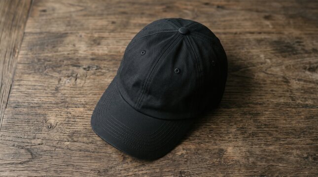 Minimalist Plain Black Baseball Cap Mockup Placed on a Rustic Vintage Wood Surface Texture for Fashion Branding