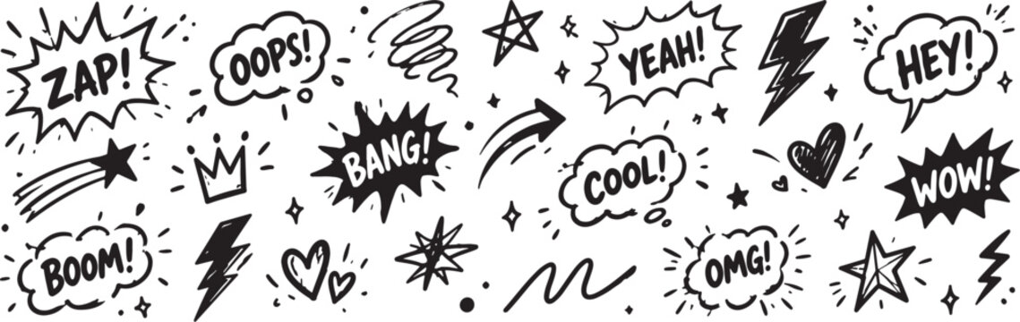 Comic cartoon line splash set. Hand drawn comic line splash effect with cartoon pop icon boom wow. Explosive speech bubble burst action motion explosion emphasis elements. Vector illustration