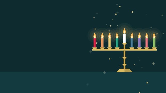 Teal and gold Hanukkah menorah with candles lighting one by one