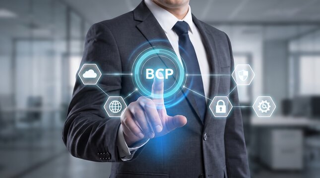 Businessman pushing business continuity plan button on futuristic virtual screen