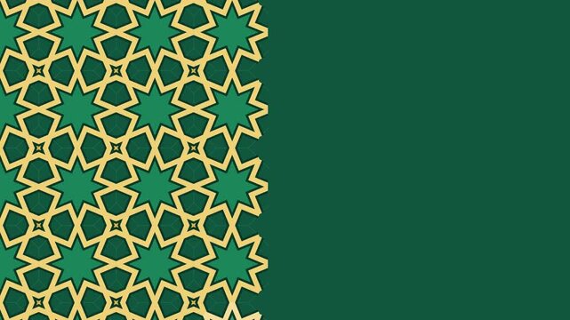 Emerald and gold Islamic eight point star pattern building itself