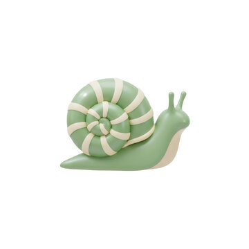 Green snail with cream striped spiral shell isolated on white background. Cute 3D animal illustration. Whimsical character design for children. Nature, wildlife and playful decor concept.