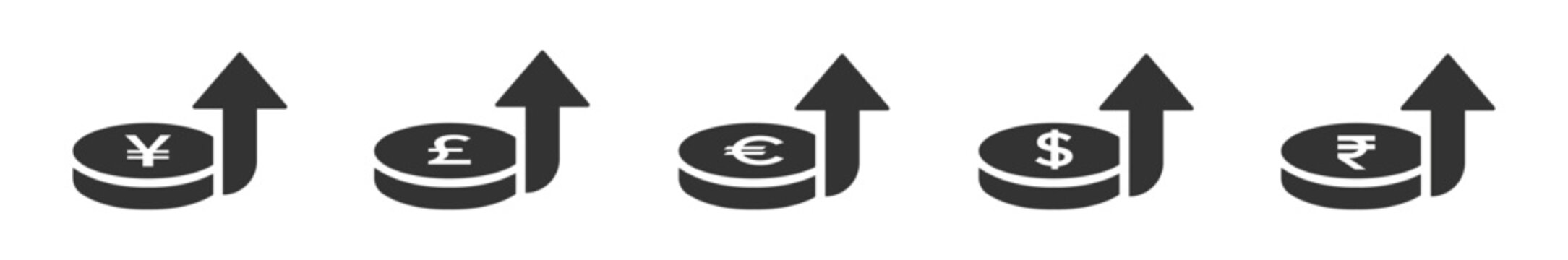 Euro, Dollars, Pound, Dollars, Yen, Euro and Rupee rate increase signs. Coins of money escalation icon flat designs collection