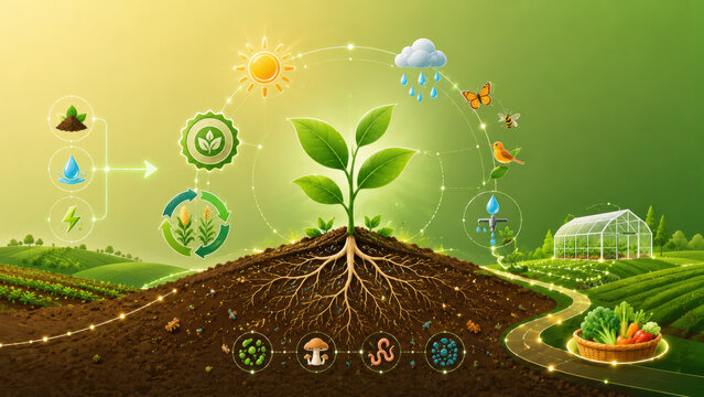 Clean-energy circular green energy plant symbolizing renewable resources low carbon progress and environmental responsibility
