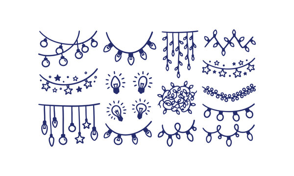 Set of hand drawn fairy lights strings and hanging light bulbs for holiday party decorations and festive celebration design elements Vector