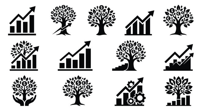 Financial growth icons depicting trees and charts on a white background