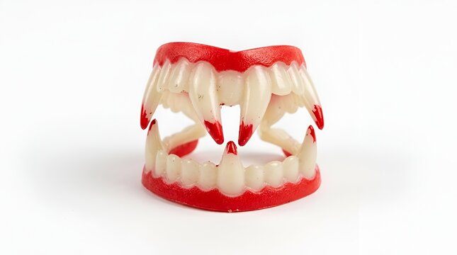 Plastic vampire fake teeth with red blood for halloween costume isolated on white background