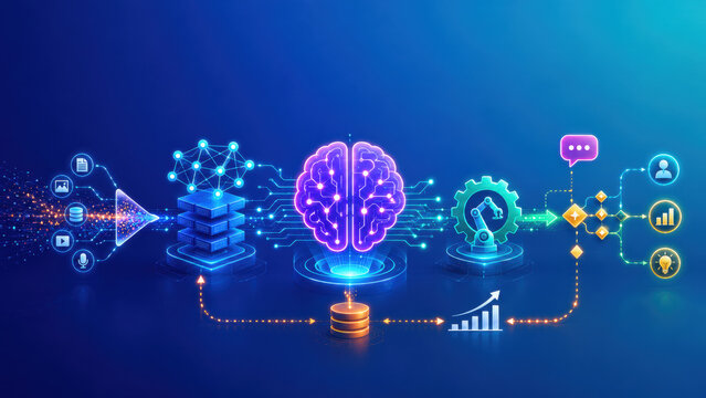 Artificial intelligence shown through connected data elements across a secure modern digital technology interface system