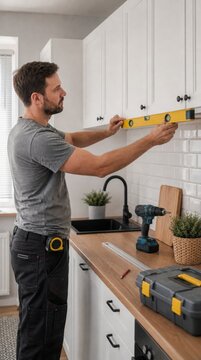 A man uses a spirit level to ensure kitchen cabinets are perfectly aligned during installation or renovation.