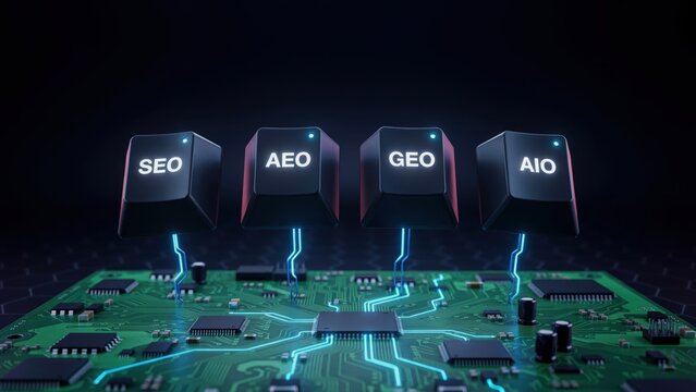 Computer keyboard keys labeled with SEO, AEO, GEO, and AIO floating over a glowing circuit board. Digital marketing and advanced technology strategy concept.