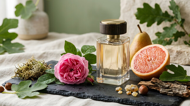Luxury perfume bottle with rose and grapefruit and pear on slate