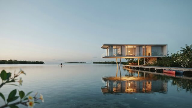 Modern luxury stilt house standing above calm ocean water at sunset with warm interior lights. Ideal for tropical travel and luxury vacation design concepts.